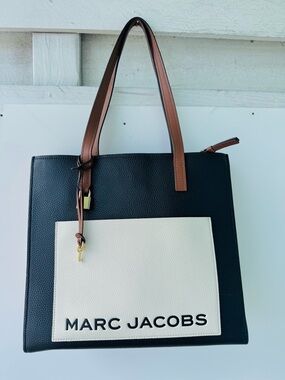 Marc Jacobs Black Tote with White Front Pocket and Brown Straps